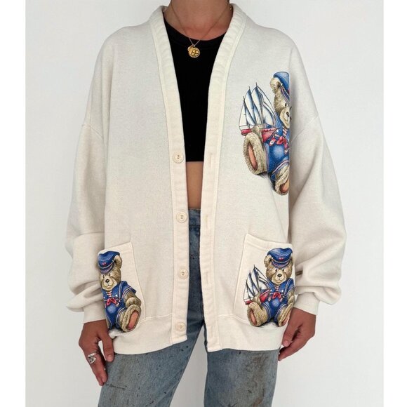 Jerzees Tops - 90s vintage nautical sailboat teddy bear graphic button up sweatshirt cardigan